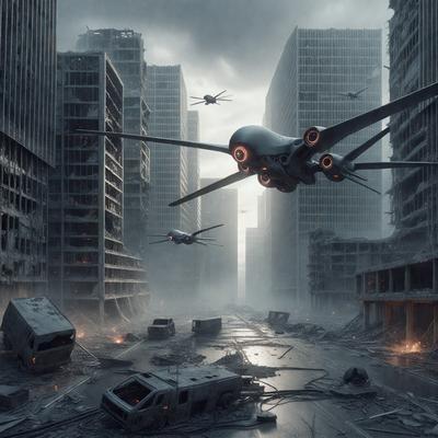 The primary subject of the image is a futuristic city scene with a large airplane flying over a city street. The setting is a city with tall buildings, and the visual style is a digital art or illustration. The dominant colors in the image are dark and gray, creating a moody atmosphere. The scene also features a truck and a car, adding to the urban environment.
